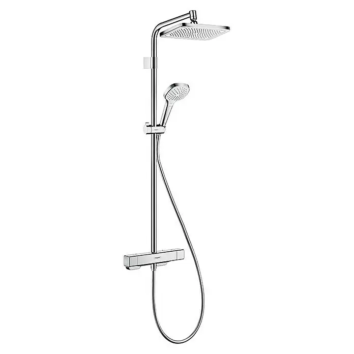 Hansgrohe Croma E Sistema de ducha - Con grifo termostático, Distancia entre orificios: 80 cm - 90 cm, Número de tipos de chorro: 4 ud., Cromo - Sistema de ducha cromado con rociador cuadrado, ducha de mano y mezclador termostático.
