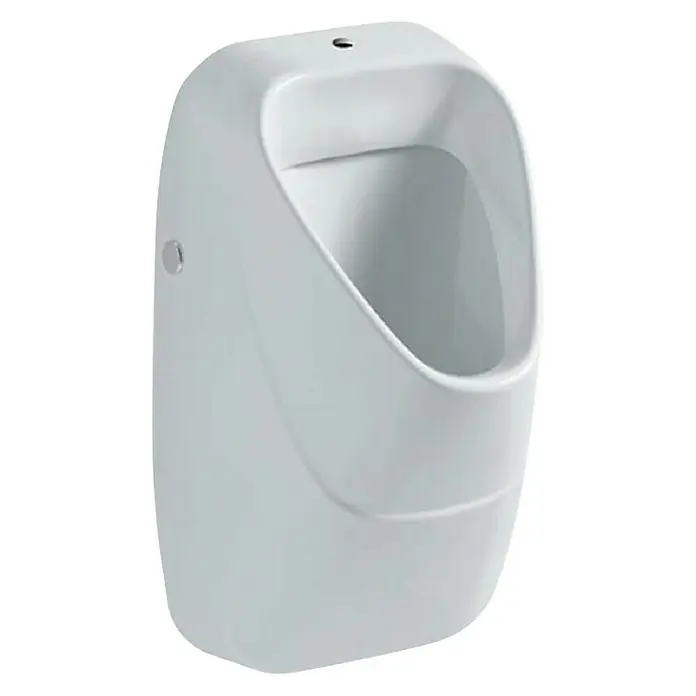 Geberit Urinal Alivio - Mit schmutzabweisender Glasur, Ohne Zielobjekt, Zulauf: Oben, Druckspülung, Weiß - Nahaufnahme eines weißen Wandurinals, ideal für moderne Badezimmer. Robustes Design für den gewerblichen oder privaten Gebrauch.