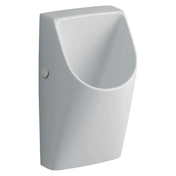 Geberit Renova Plan Urinal - Mit schmutzabweisender Glasur, Wasserlos, Weiß - Nahaufnahme eines weißen Wandurinals, das eine moderne und hygienische Sanitärlösung für öffentliche und private Badezimmer darstellt.