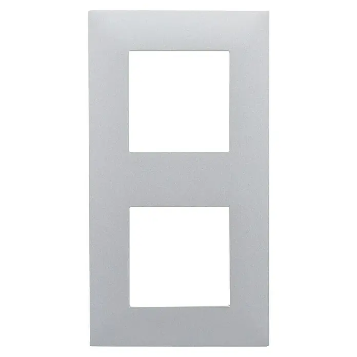 Legrand Valena Next Marco - Aluminio/Cromo, Modelo de mecanismos: x 2, Plástico, Instalar - Primer plano de una placa de cubierta de interruptor de luz doble de níquel cepillado. Perfecta para hogares modernos, ofrece una estética limpia y elegante.