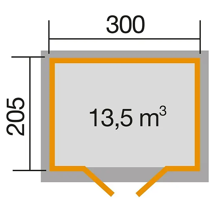 Weka Gartenhaus 122 - Holz, Anthrazit/Weiß, Grundfläche: 6,17 m² - Grundriss eines Gartenhauses mit den Maßen 300 x 205 cm und einem Volumen von 13,5 m³. Perfekt für kleine Gärten oder als Stauraum.
