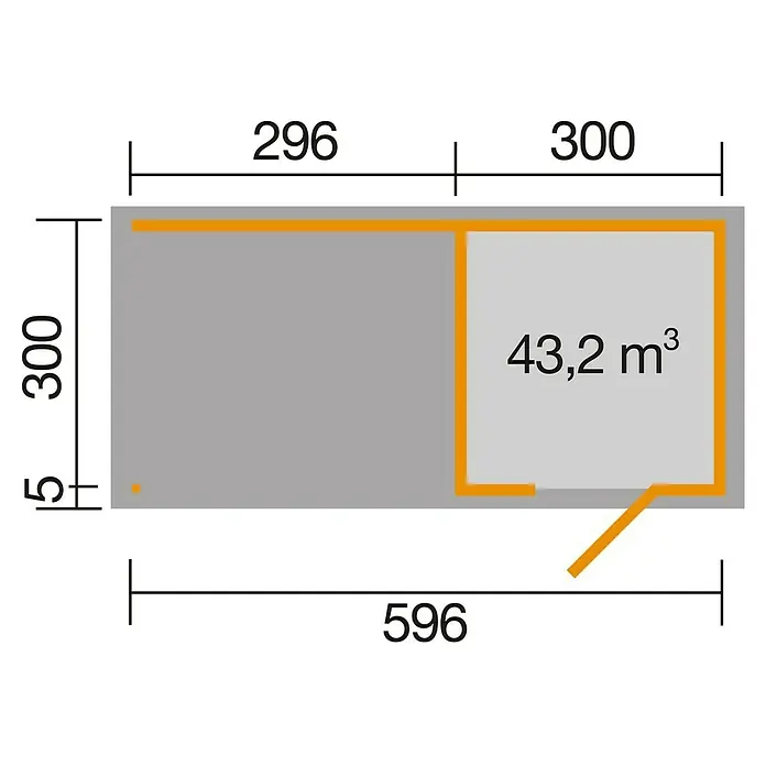 Weka wekaLine Gartenhaus Designhaus 413 A + Anbau 300 cm - Außenmaß inkl. Dachüberstand (B x T): 610 x 310 cm, Holz, Anthrazit/Weiß, 17,88 m² - Grundrisszeichnung eines Hauses mit den Maßen 296 x 300 und einem hervorgehobenen Bereich von 43,2 m³.