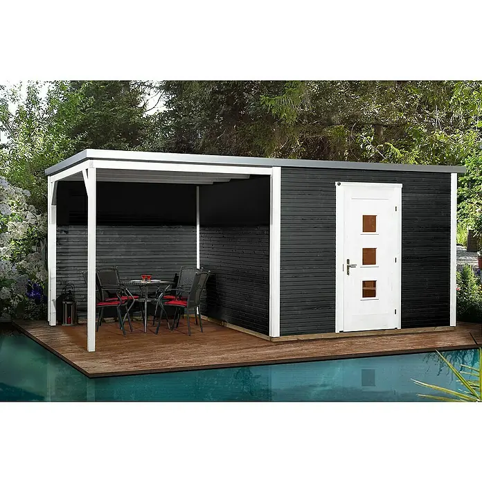 Weka wekaLine Gartenhaus Designhaus 413 A + Anbau 300 cm - Außenmaß inkl. Dachüberstand (B x T): 610 x 310 cm, Holz, Anthrazit/Weiß, 17,88 m² - Modernes Gartenhaus mit überdachter Terrasse und Poolblick. Das schwarze Holzhaus mit weißer Tür bietet zusätzlichen Wohnraum im Freien.