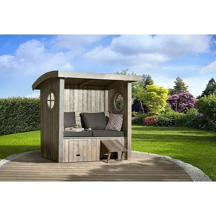 Weka Gartenlaube Merano - L x B x H: 134 x 198 x 186 cm, Silber - Eine stilvolle Gartenlaube aus Holz mit bequemen Kissen und einem kleinen Tischchen, ideal für entspannte Stunden im Freien.