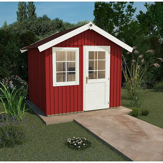 Weka Gartenhaus Schwedenhaus - Außenmaß inkl. Dachüberstand (B x T): 314 x 302 cm, Holz, Schwedenrot/Weiß - Ein rotes Gartenhaus mit weißen Fenstern und Tür, umgeben von Grün. Das Gartenhaus bietet zusätzlichen Stauraum im Freien.
