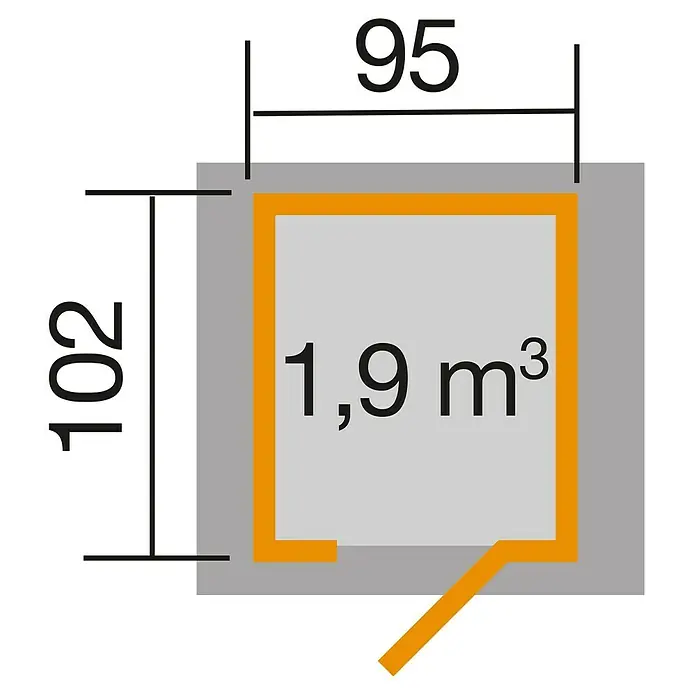 Weka Gerätehaus 1x1 - Holz, 0,966 m², Wandstärke: 21 mm, Grau/Weiß - Grundriss mit den Maßen 95 x 102 und einer Fläche von 1,9 m³, ideal für Planungen.