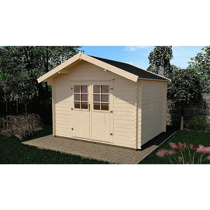 Weka Gartenhaus 209 - Außenmaß inkl. Dachüberstand (B x T): 333 x 360 cm, Holz, Natur, 9 m² - Ein helles Holzgartenhaus mit Doppeltür und schwarzem Dach steht auf einem gepflasterten Untergrund, umgeben von grüner Vegetation.