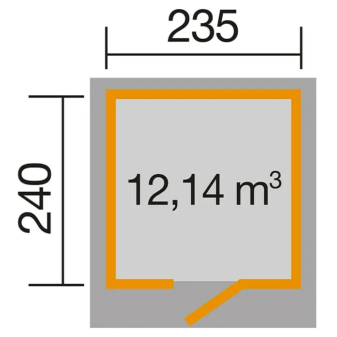 Weka Gerätehaus Designhaus wekaLine 171 - Außenmaß inkl. Dachüberstand (B x T): 248 x 253 cm, Holz, Natur - Grundriss des Produkts mit Abmessungen 235x240 und einem Volumen von 12,14 m³, das die räumlichen Eigenschaften hervorhebt.