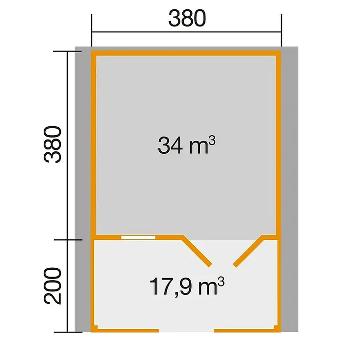 Weka Gartenhaus 136 - Außenmaß inkl. Dachüberstand (B x T): 460 x 594 cm, Holz, Natur, 22,04 m², Mit Vordach & Brüstungsgeländer - Grundriss eines Raumes mit den Maßen 380 x 380 cm und einem zusätzlichen Bereich von 200 cm Länge, sowie Volumenangaben von 34 m³ und 17,9 m³.