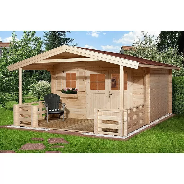Weka Gartenhaus 135 - Außenmaß inkl. Dachüberstand (B x T): 460 x 514 cm, Holz, Natur, Mit Vordach & Brüstungsgeländer - Stimmungsaufnahme