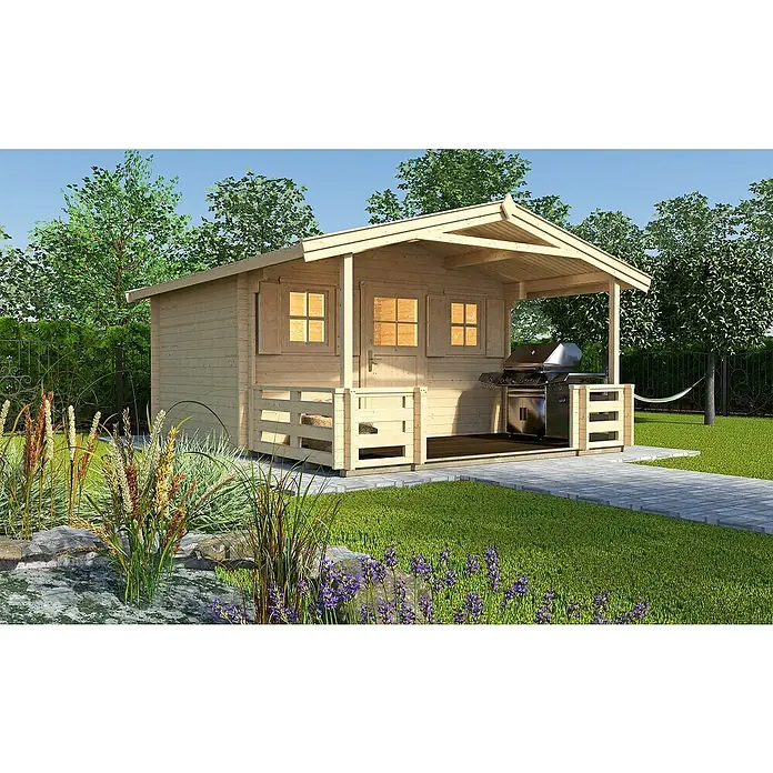 Weka Gartenhaus 110 - Außenmaß inkl. Dachüberstand (B x T): 460 x 514 cm, Holz, Natur, Mit Vordach & Brüstungsgeländer - Einladender Holzgrillpavillon mit Grillstelle und angrenzender überdachter Terrasse im Garten.