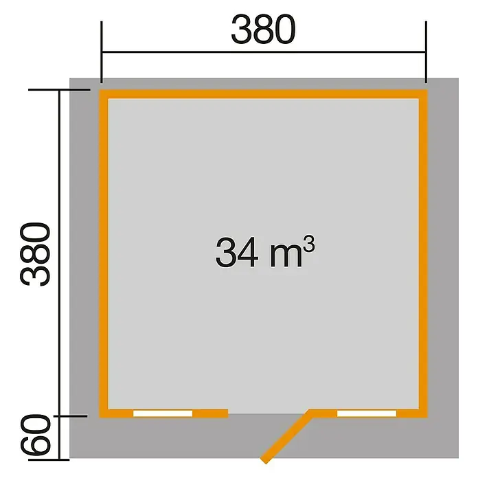 Weka Gartenhaus 110 - Außenmaß inkl. Dachüberstand (B x T): 460 x 454 cm, Holz, Natur, Ohne Vordach & Brüstungsgeländer - Grundriss des Gerätehauses mit den Maßen 380x380 cm und einem Volumen von 34 m³. Die Wandstärke beträgt 60 cm.