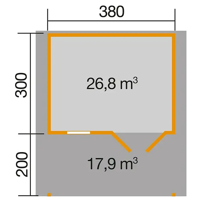 Weka Gartenhaus 111 - Außenmaß inkl. Dachüberstand (B x T): 460 x 514 cm, Holz, Natur, 19 m², Mit Vordach - Draufsicht der Produktabmessungen, die Länge 380 cm, die Breite 300 cm und die Höhe 200 cm beträgt, mit einer Gesamtfläche von 26,8 m³.