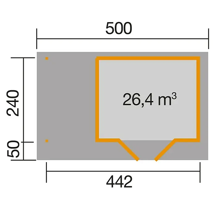 Weka Gartenhaus Designhaus 126 A+ - Außenmaß inkl. Dachüberstand (B x T): 500 x 316 cm, Holz, Natur, 10,652 m² - Draufsicht eines rechteckigen Häuschens mit den Maßen 500 x 240 cm und einem Volumen von 26,4 m³. Die Frontbreite beträgt 442 cm.