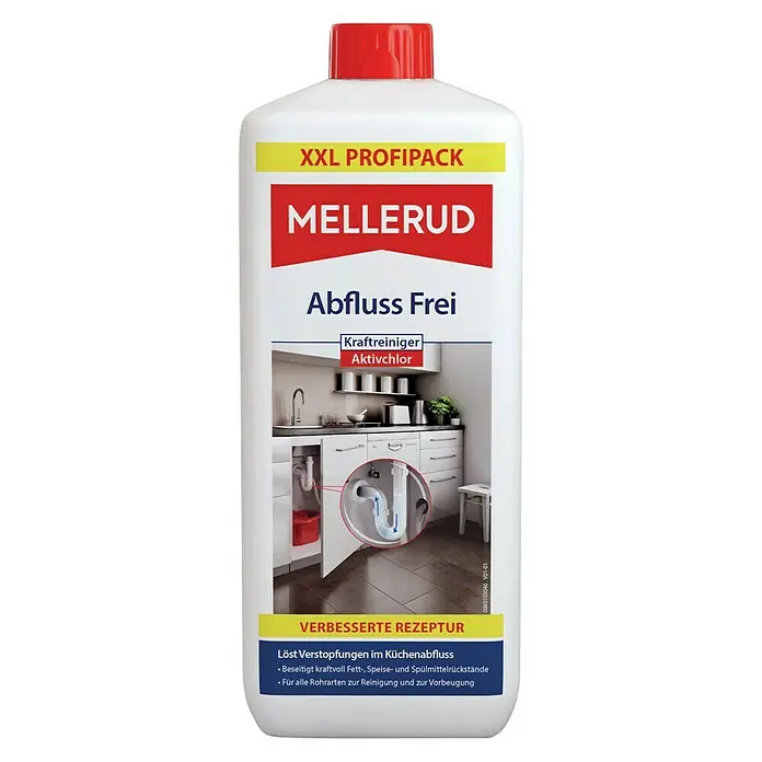 Mellerud Kraftreiniger Abfluss Frei Aktivchlor - 1,75 l, Flasche - Bild einer Flasche Mellerud Abfluss Frei, ein hochwirksames Produkt zur Reinigung von Abflüssen und zur Beseitigung von Verstopfungen.