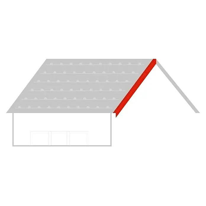 Metdach Kantenwinkel Ortgang - Schwarz, 100 cm, Stahl - Illustration eines Hauses mit roter Dachkante, die die Details der architektonischen Gestaltung hervorhebt. Ideal für Bau- oder Designprojekte.