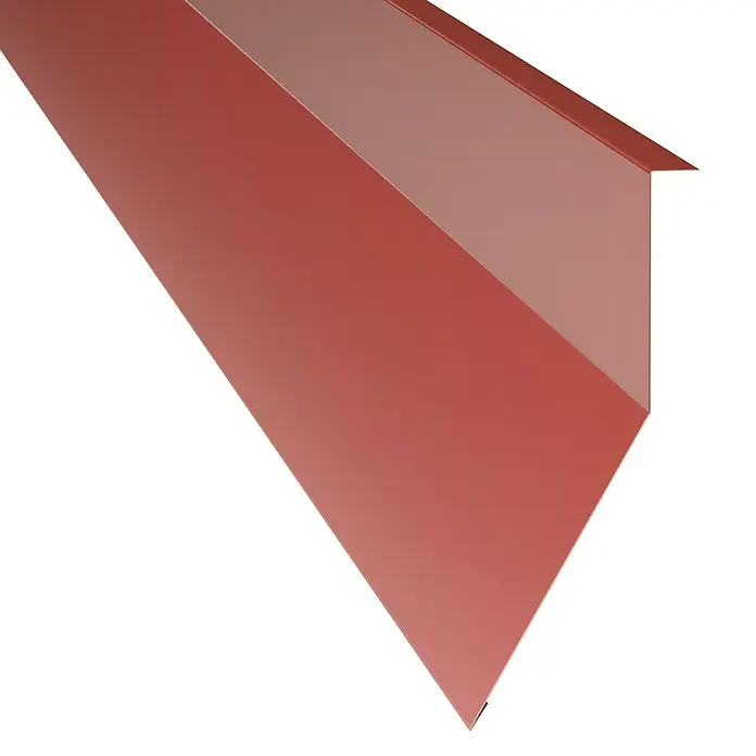 Metdach Kappleiste - Rot, 200 x 12,5 cm, Stahl - Nahaufnahme eines roten Dachrandprofils. Das Profil hat eine markante Form und ist auf einem schwarzen Hintergrund dargestellt.