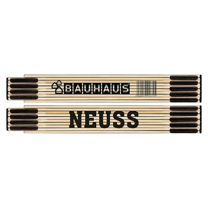 BAUHAUS Zollstock - NEUSS - Zollstock mit den Aufschriften "BAUHAUS" und "NEUSS" vor schwarzem Hintergrund. Ein Must-Have für alle Heimwerker und Profis.
