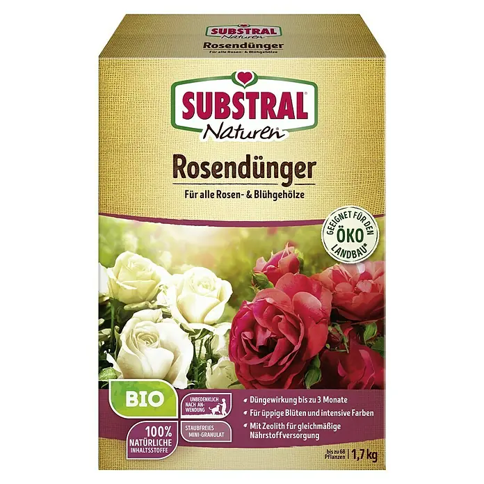 Substral Naturen Rosendünger - 1,7 kg, Passend für: 68 Pflanzen - Bild eines Substral Naturen Rosendünger-Produktpakets, ideal für Rosen und blühende Gehölze, mit natürlichen Inhaltsstoffen.