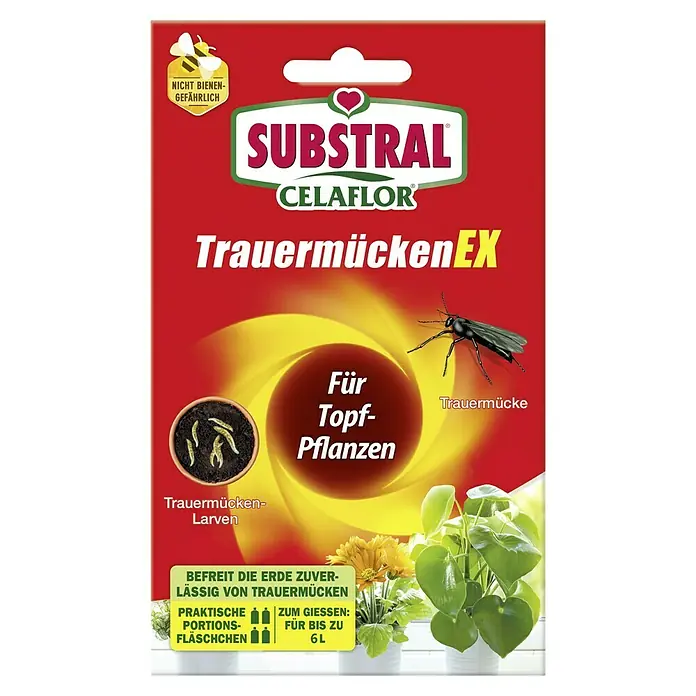 Substral Celaflor Schädlingsfrei Trauermücken EX - 4 Stk., 7,5 g - Produktverpackung von Substral Celaflor TrauermückenEX zur Bekämpfung von Trauermückenlarven in Topfpflanzen. Bienenungefährlich.