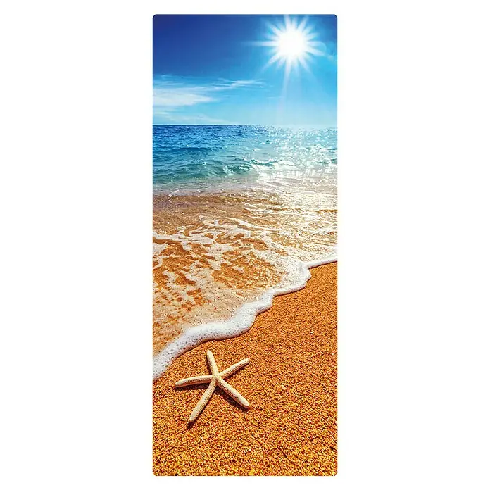 SanDesign Duschrückwandmuster - 17,5 cm x 7 cm x 3 mm, Sea Star - Blick auf einen Seestern am sonnigen Sandstrand mit blauem Meer und hellem Himmel. Perfekt für Sommerurlaubsträume!
