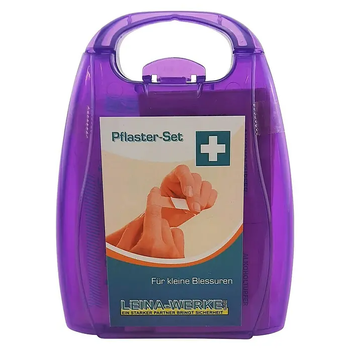 Leina-Werke Erste-Hilfe-Box Pflaster - Material Box: Kunststoff, Farbe: Lila - Lila Erste-Hilfe-Kasten "Pflaster-Set" von LEINA-WERKE, ideal für kleine Verletzungen, mit praktischem Tragegriff und gut sichtbarem Etikett.