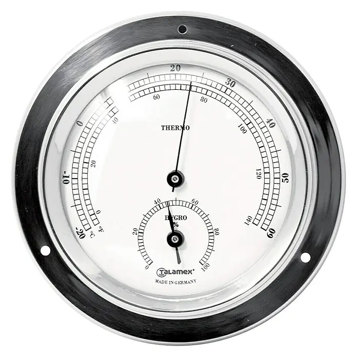 Talamex Schiffs-Thermo-Hygrometer - Durchmesser: 110 cm, Verchromt, Messing - Ein rundes, analoges Thermo-Hygrometer von Talamex mit silbernem Rahmen zur Messung von Temperatur und Luftfeuchtigkeit.