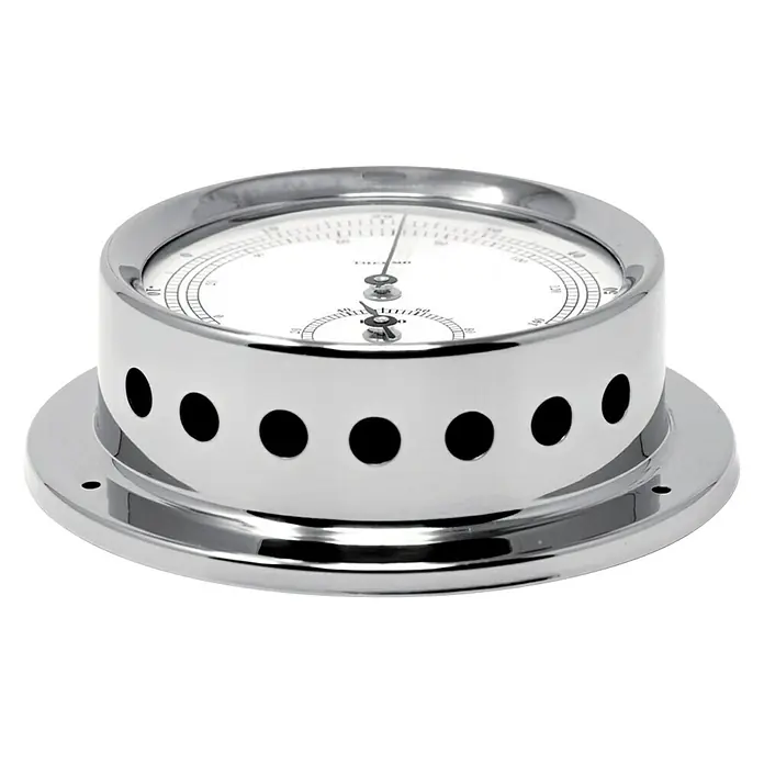 Talamex Schiffs-Thermo-Hygrometer - Durchmesser: 110 cm, Verchromt, Messing - Das Bild zeigt ein hochglanzpoliertes Barometer mit Chromgehäuse und weißem Zifferblatt, ideal für maritime Dekorationen.