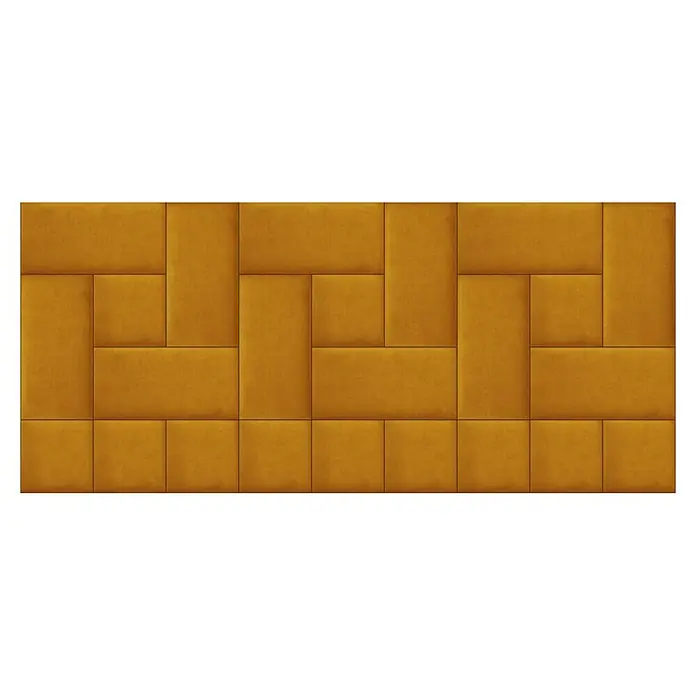 Fllow Wandpolster Velvet - Ocker, L x B: 30 x 30 cm - Ein rechteckiges, ockerfarbenes Wandpaneel mit einem geometrischen Muster aus Rechtecken. Die gepolsterte Textur erzeugt ein stilvolles Ambiente.