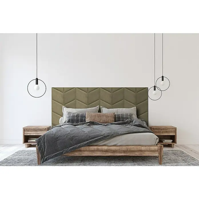 Fllow Panel de pared acolchado Velvet - Taupe, 45 x 30 cm, Características del diseño: Derecha - Elegante dormitorio con cabecero acolchado, mesitas de noche de madera y lámparas colgantes modernas para un ambiente elegante.