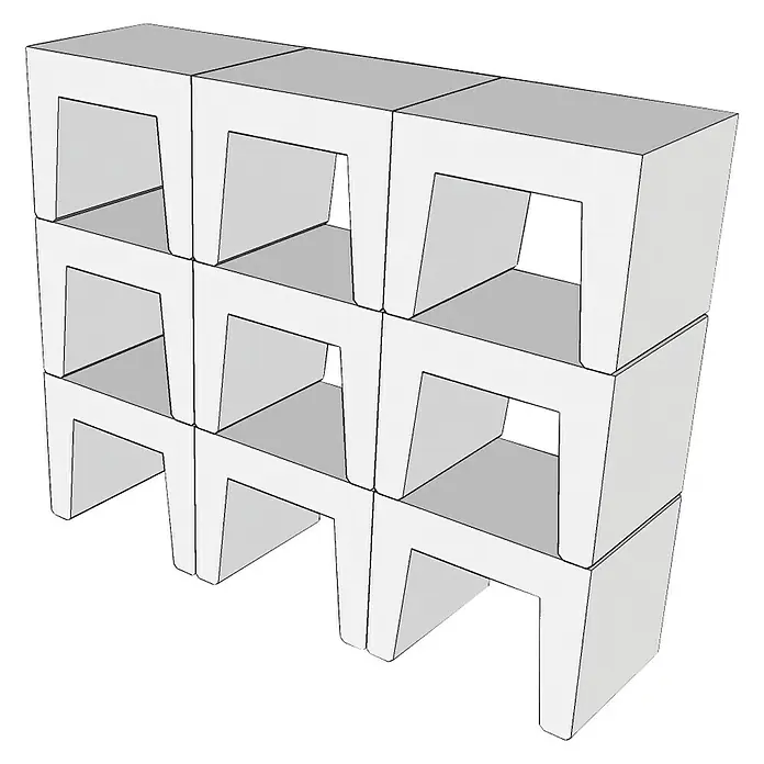 EHL U-Stein - Grau, 40 x 50 x 40 cm, Beton - Ein modulares Regalsystem, bestehend aus mehreren grauen, würfelförmigen Elementen, die übereinander gestapelt sind und offene Fächer bilden.