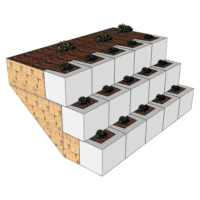 EHL U-Stein - Grau, 40 x 50 x 40 cm, Beton - Das Bild zeigt eine dreistufige Gartenmauer mit Pflanzen in quadratischen Pflanzgefäßen, die eine grüne Oase schaffen.