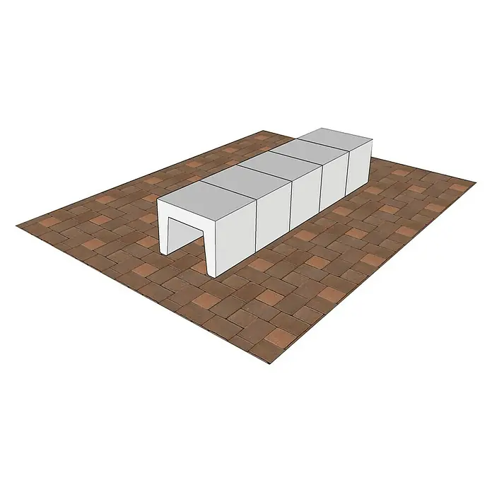 EHL U-Stein - Grau, 40 x 50 x 40 cm, Beton - Darstellung einer modernen, weißen Gartenbank auf einem Ziegelsteinpflaster. Die Bank besteht aus mehreren modularen Elementen.