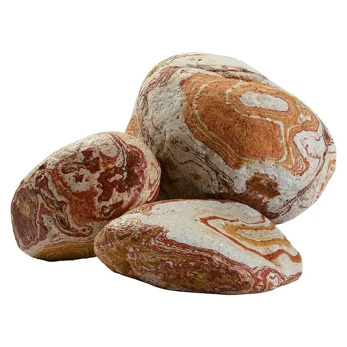 Marmorkiesel Rainbow - Rot/Orange/Weiß, 15 kg - Nahaufnahme von drei dekorativen Flusssteinen mit gewirbelten roten und weißen Mustern, perfekt für die Gartengestaltung.