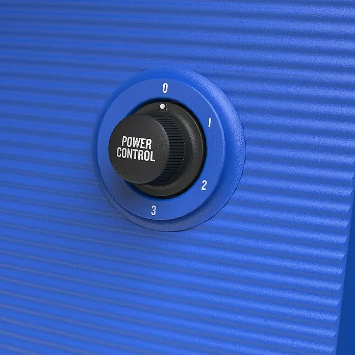 Nilfisk Hochdruckreiniger Core 140-6 PowerControl - 1.800 W, Max. Druck: 140 bar, Fördermenge: 474 l/h - Nahaufnahme eines blauen Geräts mit einem schwarzen "Power Control"-Knopf, der auf "0" steht, ideal für Fitness oder Therapie.