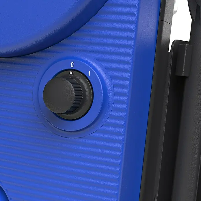 Nilfisk Hidrolimpiadora de alta presión CORE 125 Home - 125 bar, 1.400 W, Capacidad de bombeo: 438 l/h - Primer plano de un producto azul con un dial ajustado a "0", que muestra una superficie texturizada y un montaje lateral. Detalles de diseño claros.