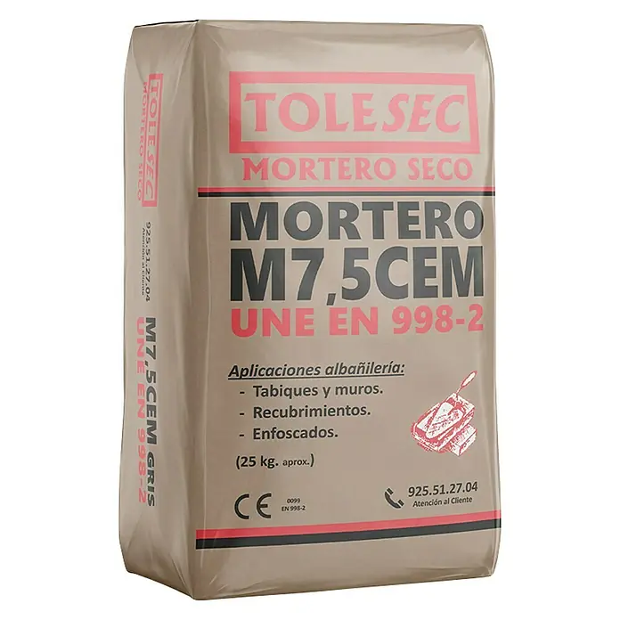 BHS Madrid Mortero de cemento Tolesec M-7,5 - 25 kg, Gris - Imagen de un saco de mortero seco TOLE SEC M7.5 CEM UNE EN 998-2 para aplicaciones de albañilería.
