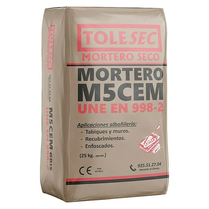 BHS Madrid Mortero de cemento Tolesec M-5 - 25 kg, Gris - Imagen de un saco de mortero seco TOLE SEC M5CEM. Ideal para albañilería, enfoscado y revestimiento. Alta calidad según la norma UNE EN 998-2.