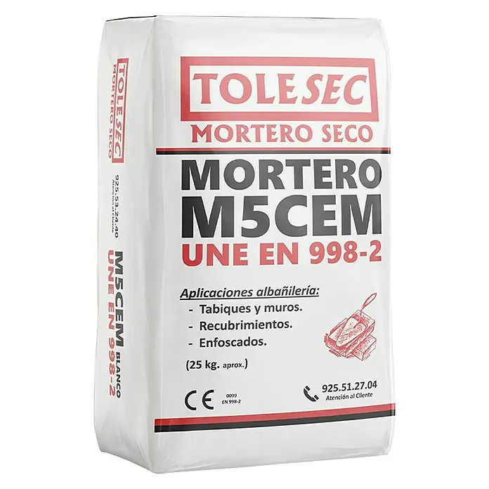 BHS Madrid Mortero de cemento Tolesec M-5 - 25 kg, Blanco - Imagen de un saco de mortero seco TOLE SEC M5CEM, ideal para aplicaciones de albañilería como tabiques, muros, revestimientos y enfoscados. Peso aprox. 25 kg.