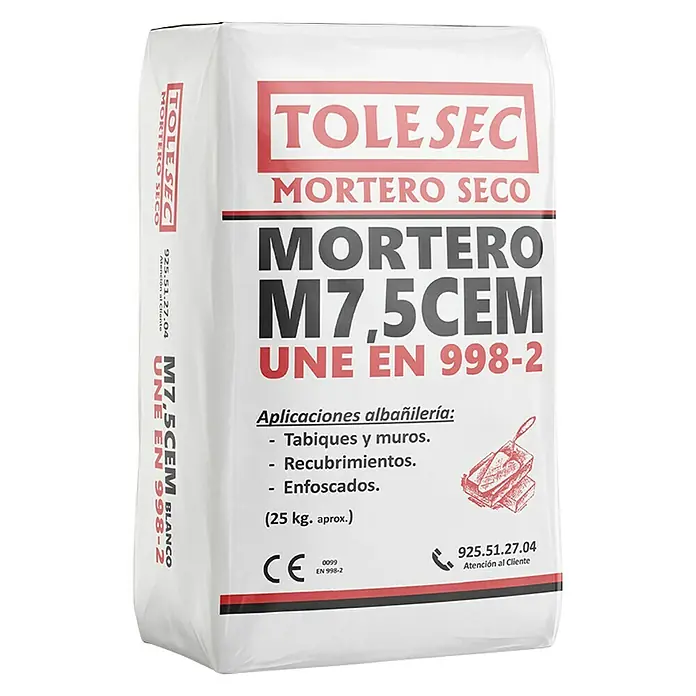 BHS Madrid Mortero de cemento Tolesec M-7,5 - 25 kg, Blanco - Un paquete de mortero seco TOLESEC M7,5CEM UNE EN 998-2, adecuado para aplicaciones de albañilería como muros, revestimientos y enfoscado.
