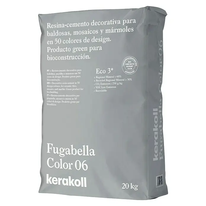 Kerakoll Mortero para juntas - cemento Fugabella - Color: 06, 20 kg - Imagen de un saco de Fugabella Color 06 de Kerakoll, un cemento de resina decorativo para baldosas, mosaicos y mármoles en 50 colores.