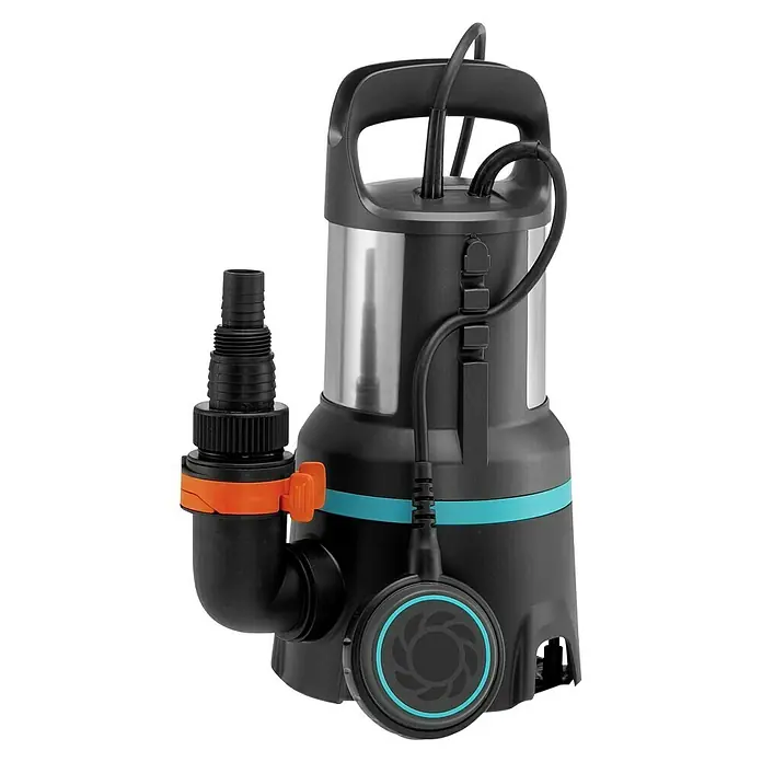 Gardena Schmutzwasserpumpe 16000 - 450 W, Max. Fördermenge: 16.000 l/h, Eintauchtiefe: 7 m - Bild einer schwarzen und silbernen Gardena-Tauchdruckpumpe mit blauem Akzent und orangefarbenem Regler.