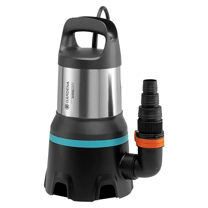 Gardena Schmutzwasserpumpe 20000 Aquasensor - 750 W, Max. Fördermenge: 20.000 l/h, Eintauchtiefe: 7 m - Das Bild zeigt eine Gardena 20000 Dirt Schmutzwasser-Tauchpumpe mit einem schwarzen Kunststoffgehäuse und einem Edelstahlmantel.