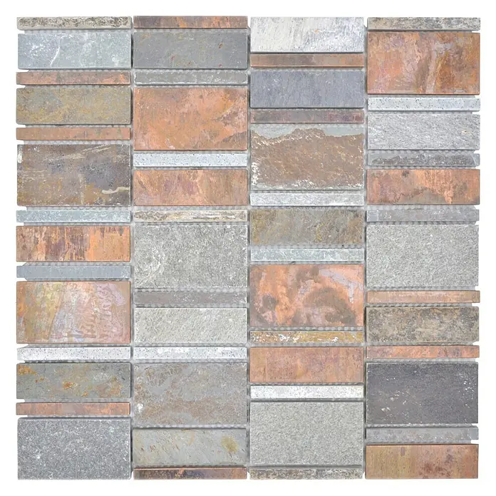 Mosaikfliese Mix XSK 575 - 29,8 x 29,4 cm, Braun, Matt - Nahaufnahme eines Mosaiks mit unterschiedlichen Farb- und Texturkombinationen, ideal für stilvolle Wand- oder Bodengestaltung.