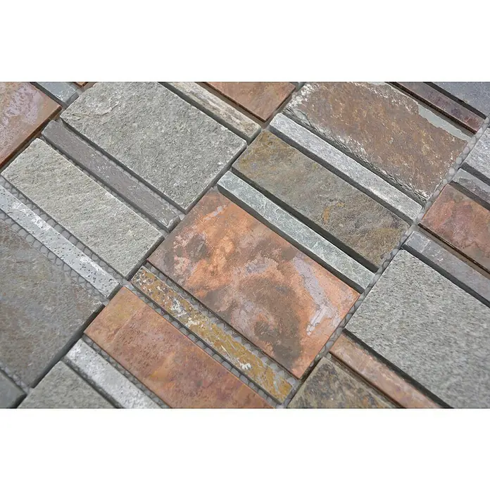 Mosaikfliese Mix XSK 575 - 29,8 x 29,4 cm, Braun, Matt - Detailaufnahme eines Mosaiks aus Natursteinfliesen in verschiedenen Grau- und Brauntönen, ideal für Wand- und Bodengestaltung.
