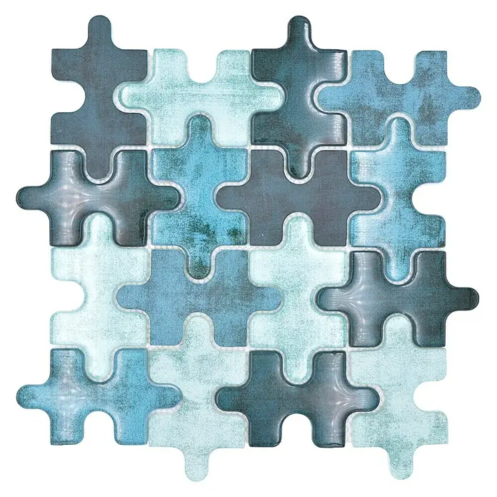 Mosaikfliese Puzzle Crystal Mix XCM PT03G - 29,8 x 29,8 cm, Grün, Glänzend - Puzzle-Fliesen in Blau- und Grautönen. Eine attraktive Mosaikfliese für Wand- und Bodendesign, ideal für moderne Badezimmer und Küchen.