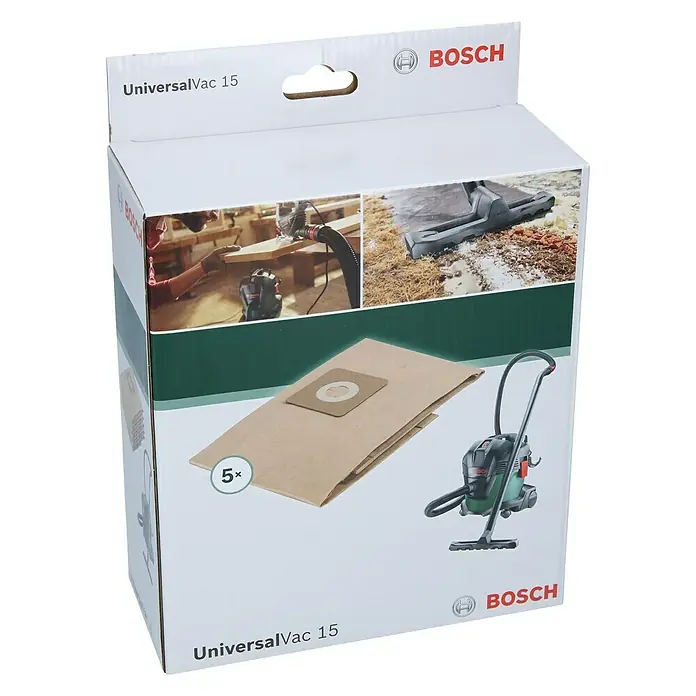 Bosch Papierfiltertüten - 5 Stk., Passend für: Bosch Nass-Trockensauger UniversalVac 15 - Eine Verpackung für Bosch UniversalVac 15 Staubsaugerbeutel, die die Hauptmerkmale und Vorteile zeigt.