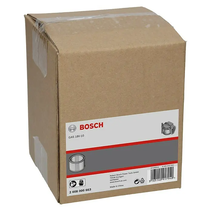 Bosch Professional Faltenfilter - Passend für: Bosch Professional Akku-Nass-Trockensauger GAS 18V-10, 1 Stk. - Ein Karton mit einem Bosch GAS 18V-10 Produkt, das Zubehör für Elektrowerkzeuge enthält, auf schwarzem Hintergrund.