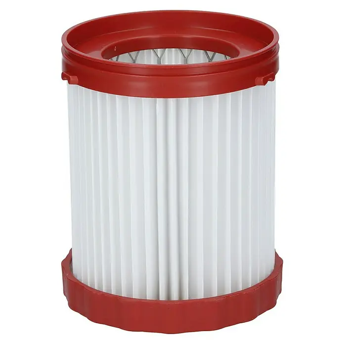Bosch Professional Faltenfilter - Passend für: Bosch Professional Akku-Nass-Trockensauger GAS 18V-10, 1 Stk. - Nahaufnahme eines weißen Staubsaugerfilters mit rotem Rand oben und unten. Der Filter ist zylindrisch und gefaltet.