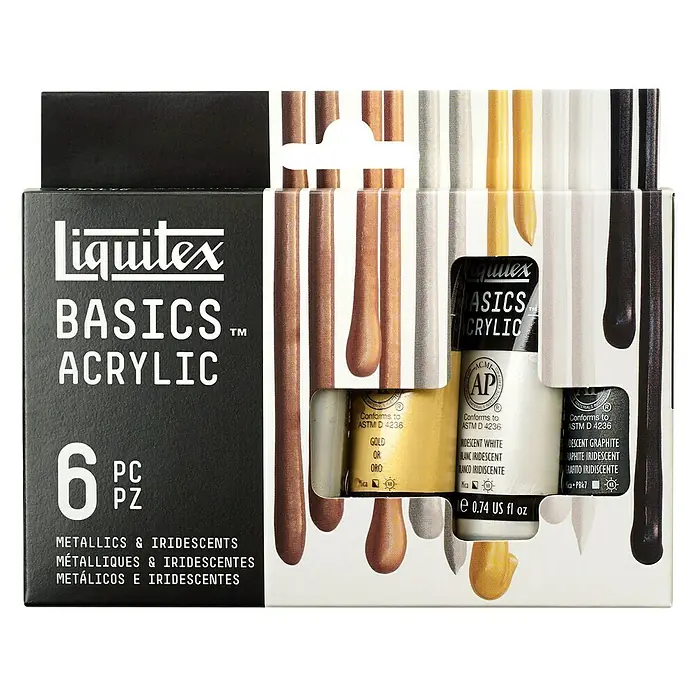 Liquitex Basics Acrylfarben-Set Metallic - Farbig sortiert, 6 Stk. x 22 ml, Tube - Eine Packung Liquitex Basics Acrylfarben, 6 Tuben mit metallischen und schimmernden Farben für Künstler und Hobbybastler.